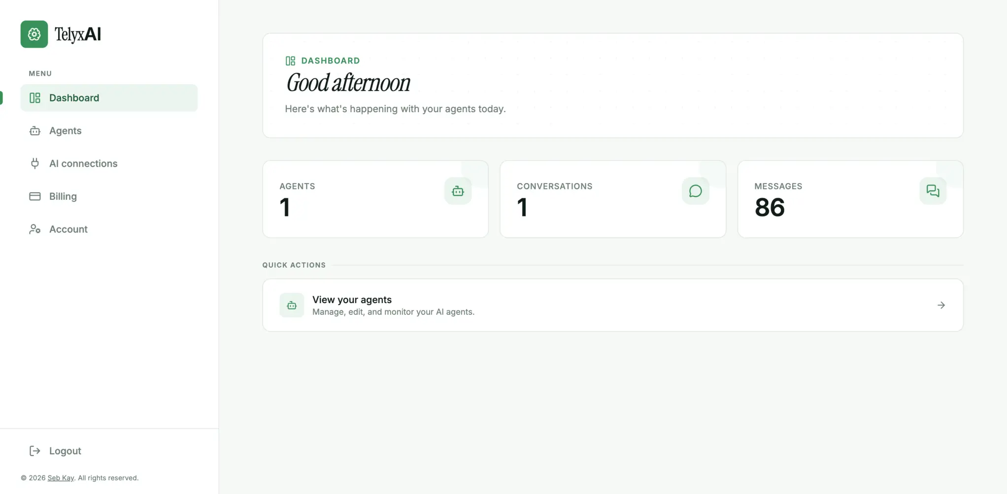 TelyxAI dashboard showing agent management interface