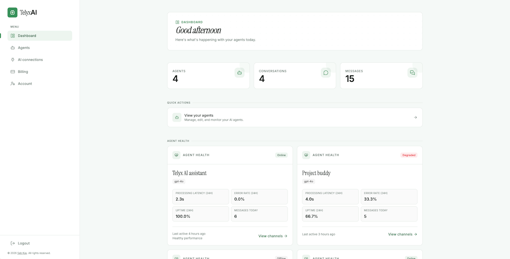 TelyxAI dashboard for building and managing AI agents on Telegram and Slack